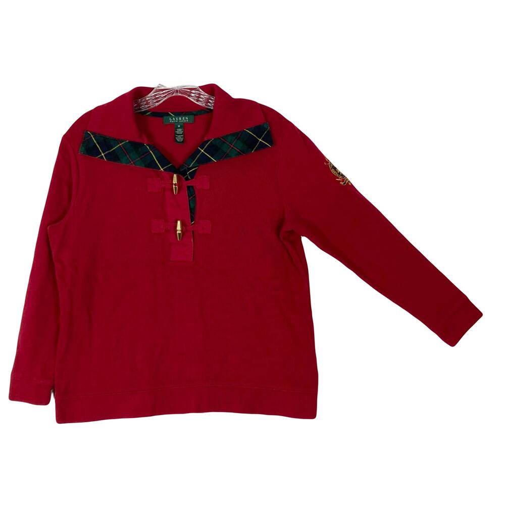 NWOT LAUREN RALPH LAUREN Sweater Women M Crest Gold-Button Plaid Collar